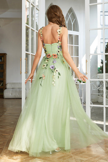 Green Spaghetti Straps Prom Dress With 3D Flowers